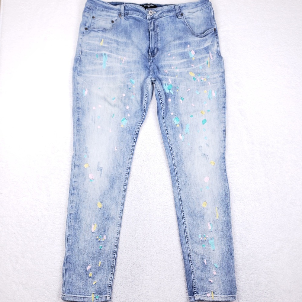 Serenade Mens Light Wash Paint Splatter Embroidered Slim Fit Jeans Blue 42